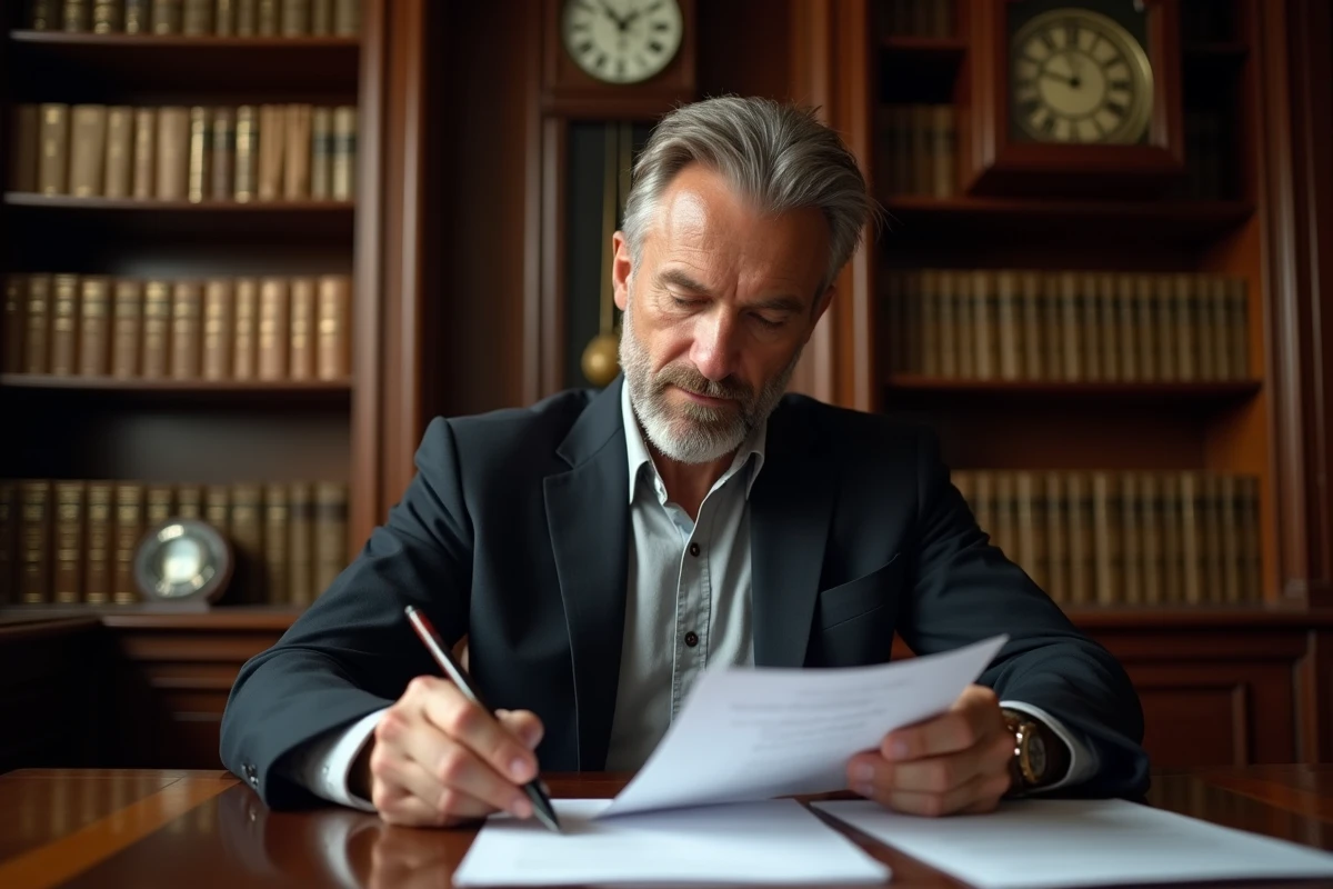 Notaire en costume examinant un document dans son bureau