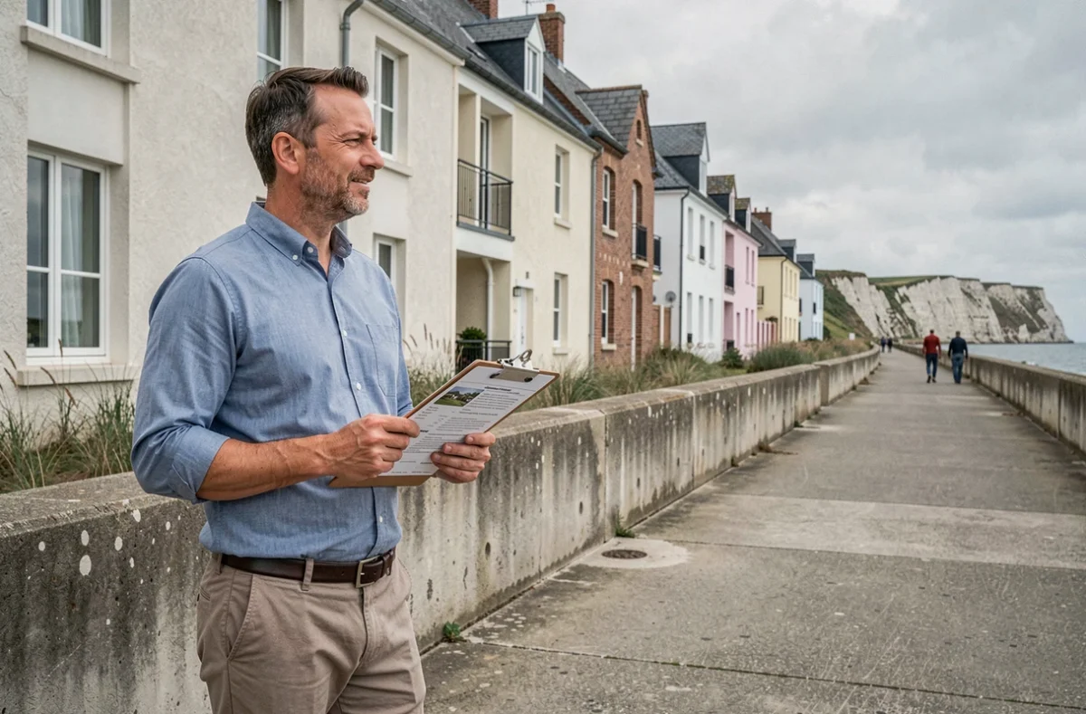 Gestionnaire immobilier Opal'Immo tenant un dossier de biens locatifs sur le front de mer de la Côte d'Opale avec des immeubles balnéaires en arrière-plan