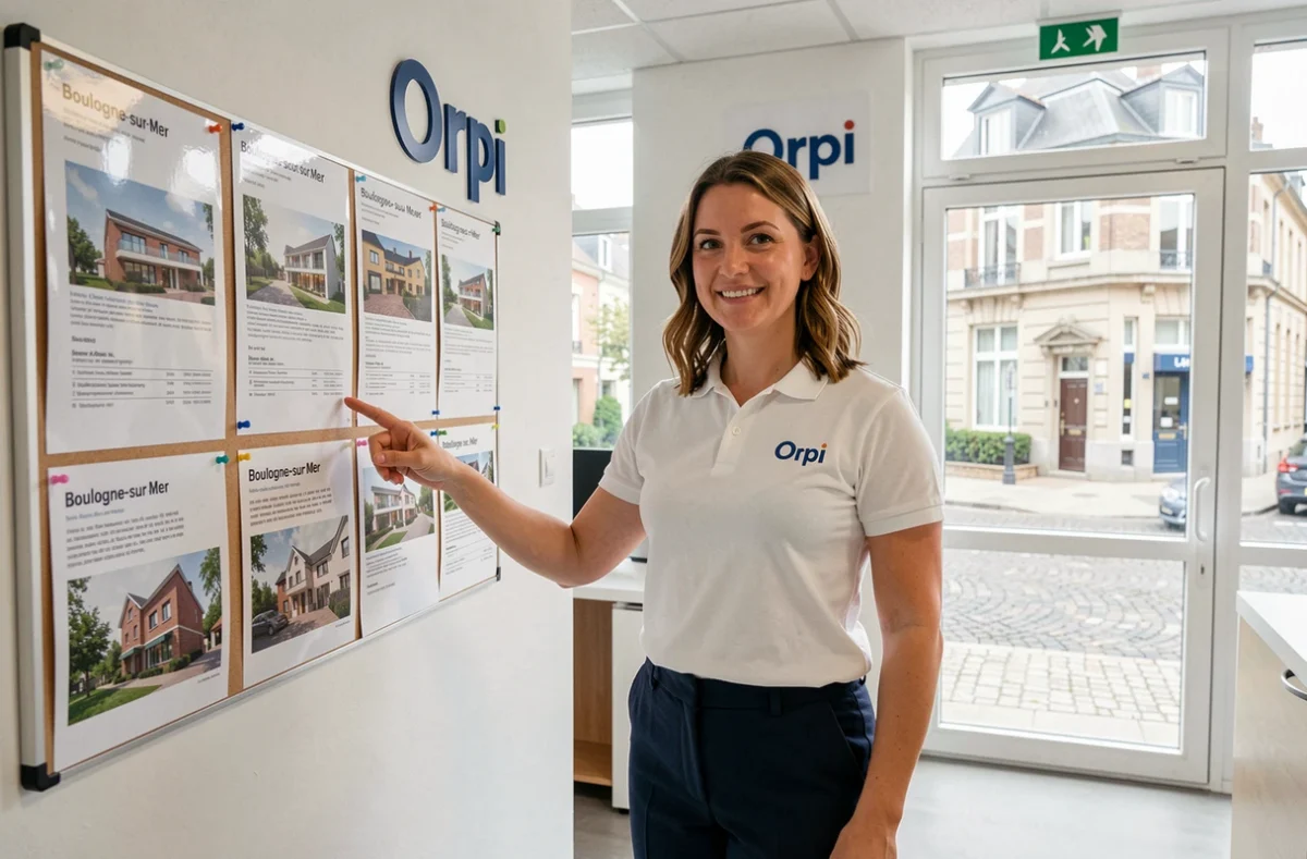Agente Orpi Espace Lumière à Boulogne-sur-Mer présentant des biens locatifs devant un panneau d'affichage immobilier en agence