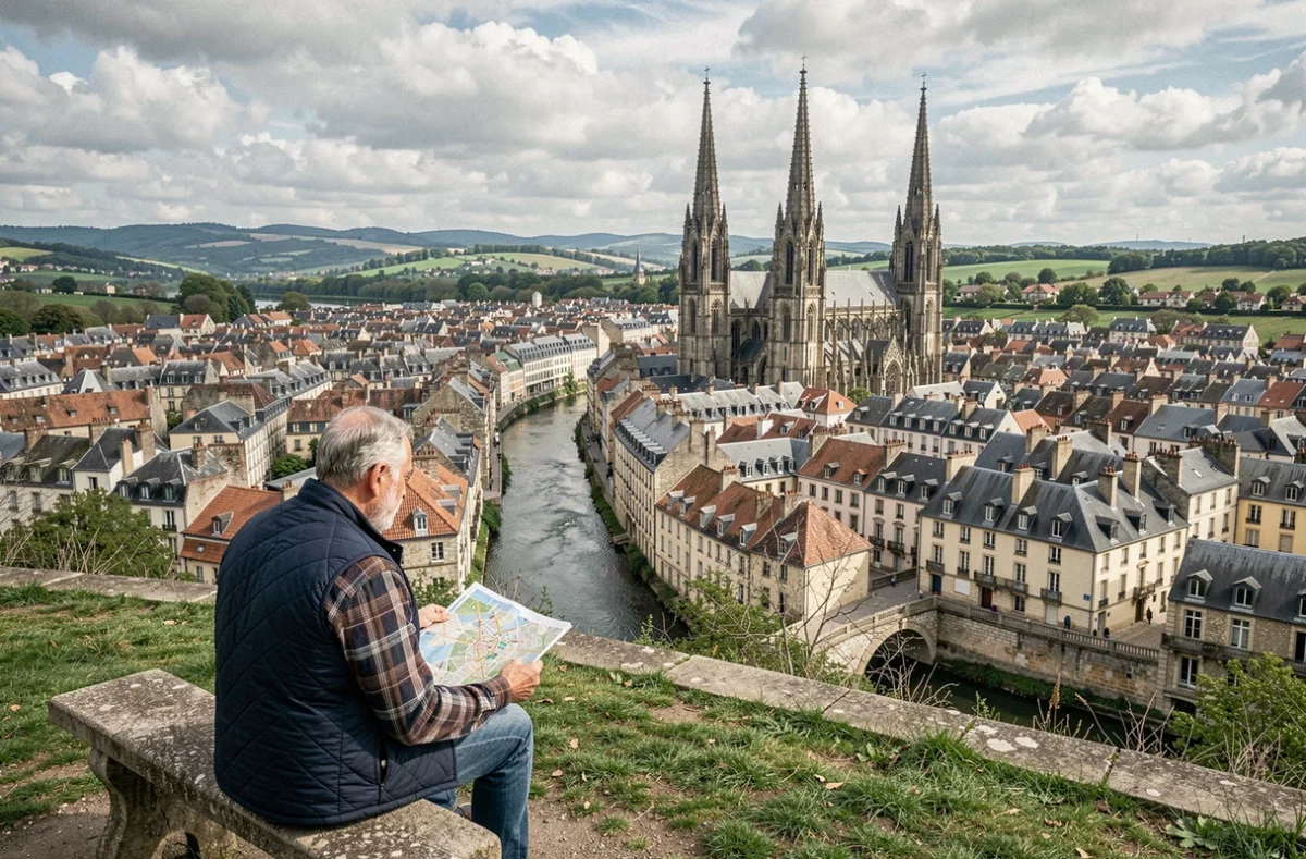 Vue panoramique sur les toits de Bayonne avec la cathédrale gothique et la rivière Nive depuis un belvédère