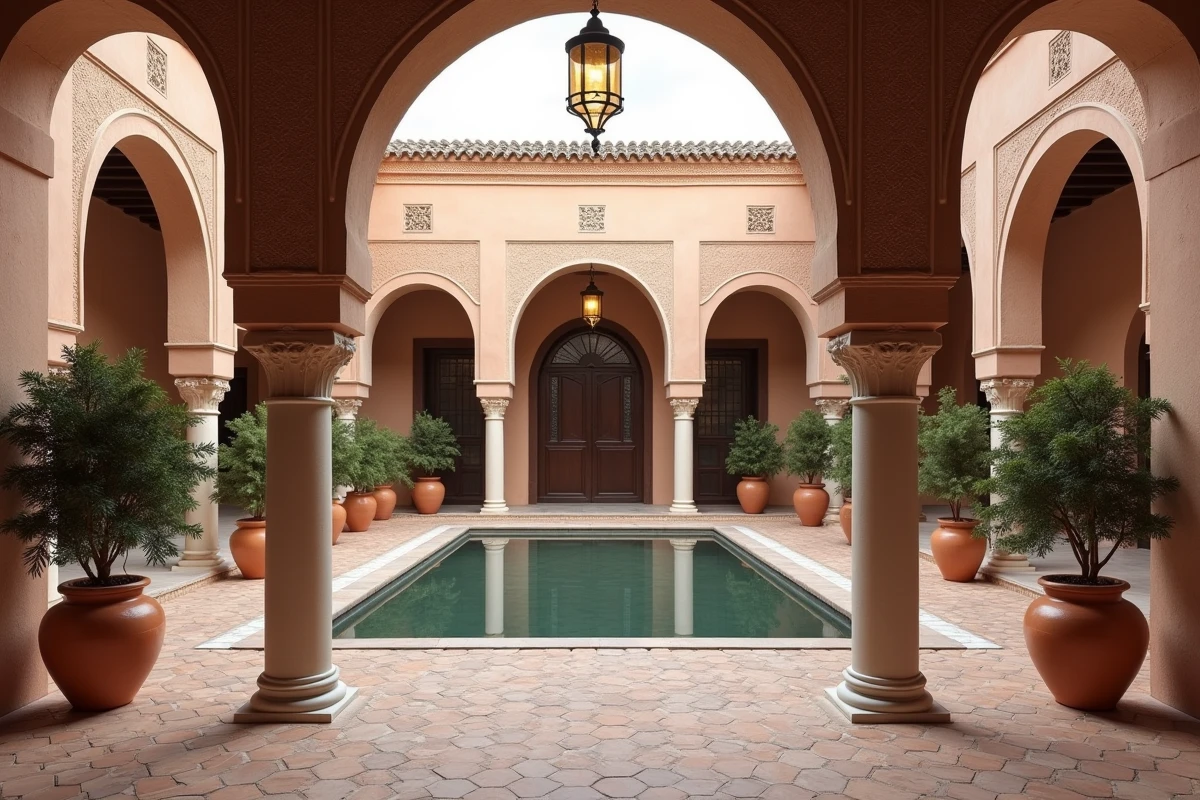 Patio intérieur d'un riad à vendre à Marrakech avec piscine centrale, zellige et arches en stuc sculpté