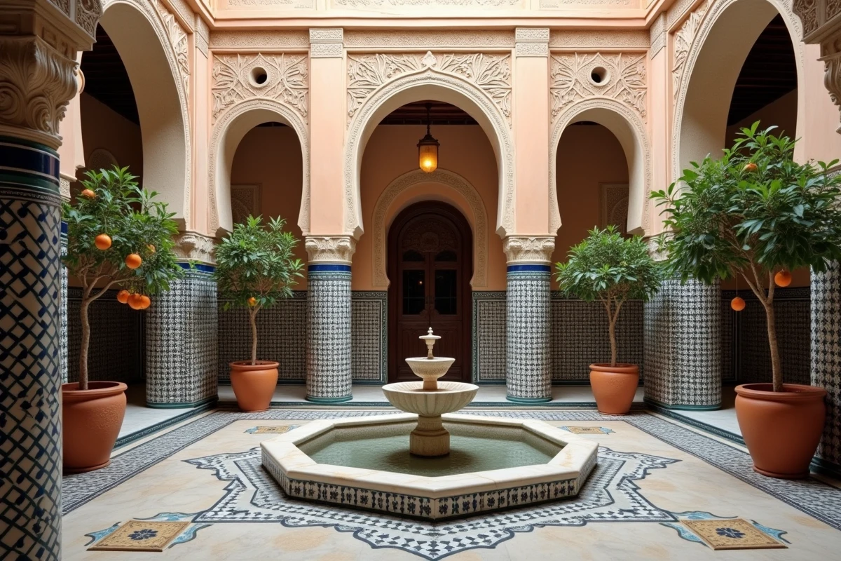 Patio intérieur d'un riad traditionnel à vendre à Marrakech avec fontaine centrale, zellige et arches en stuc sculpté