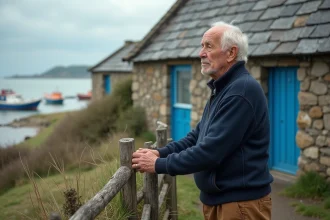 Vieux pêcheur breton regardant la côte avec cottage