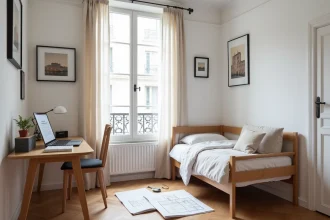 Petite chambre de moins de 9m2 avec bureau et mesures au sol dans un appartement parisien