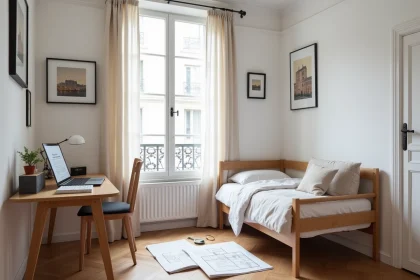 Petite chambre de moins de 9m2 avec bureau et mesures au sol dans un appartement parisien