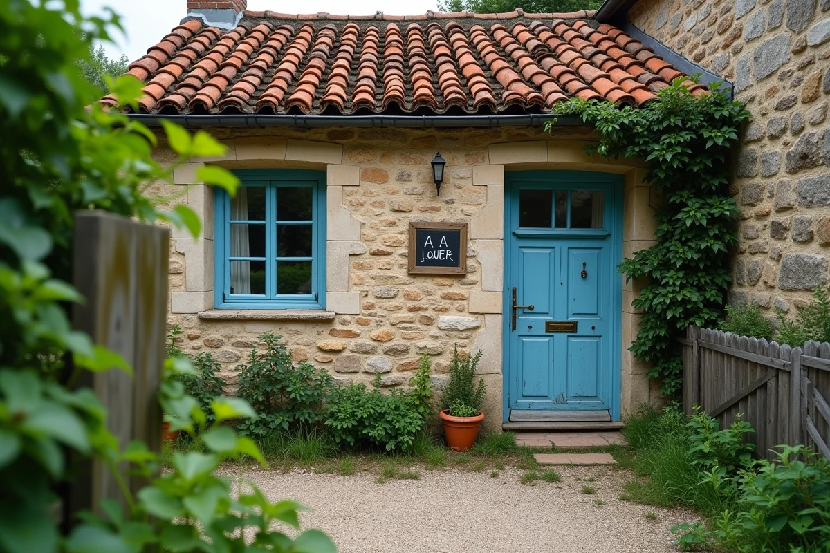 Petite maison avec jardin &agrave; louer par un particulier avec panneau &Agrave; Louer sur le portail en bois
