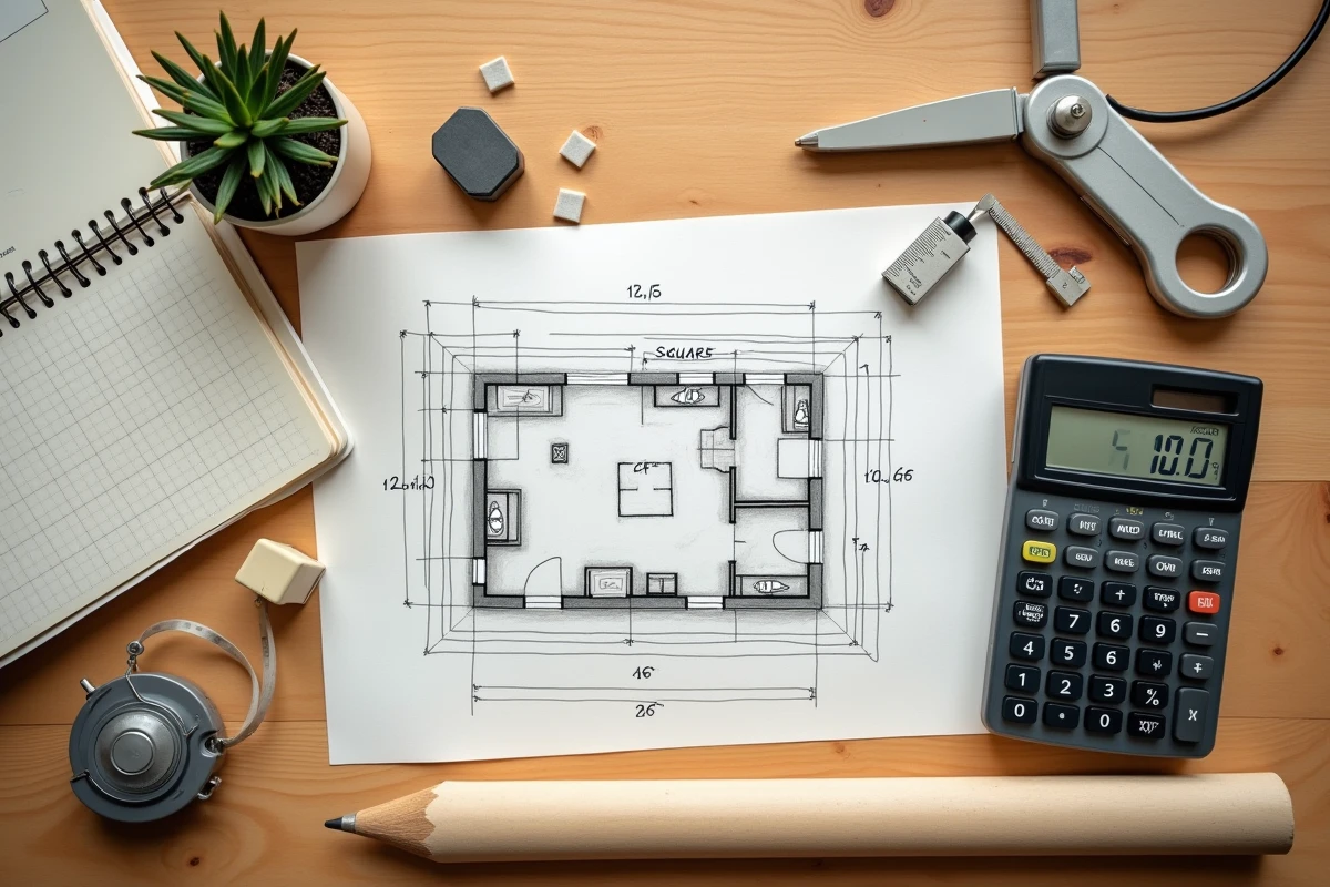 Vue de dessus d'un plan de maison dessiné à la main avec calculatrice et mètre ruban pour calculer les surfaces en m2