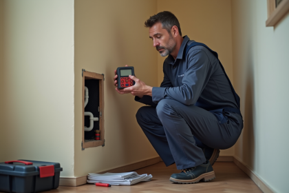 Plombier moyen âge examine un détecteur d'humidité dans un appartement