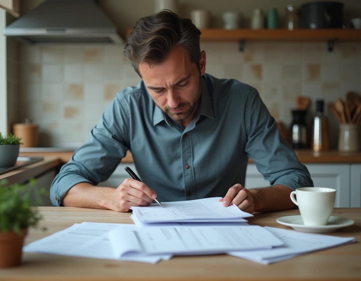 Homme préparant son dossier de demande de logement social avec ses documents administratifs sur une table de cuisine