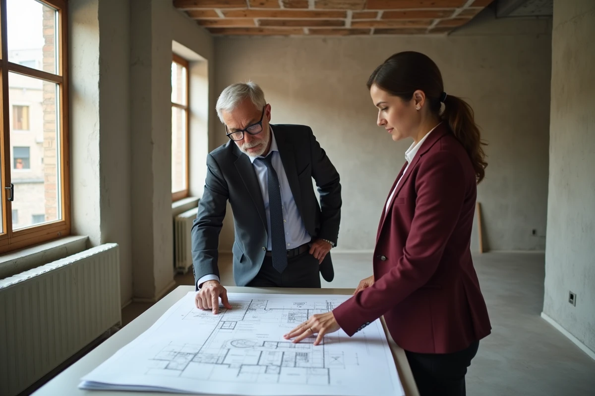 Deux professionnels de l'immobilier analysant les plans d'un appartement lors d'une visite d'immeuble en rénovation