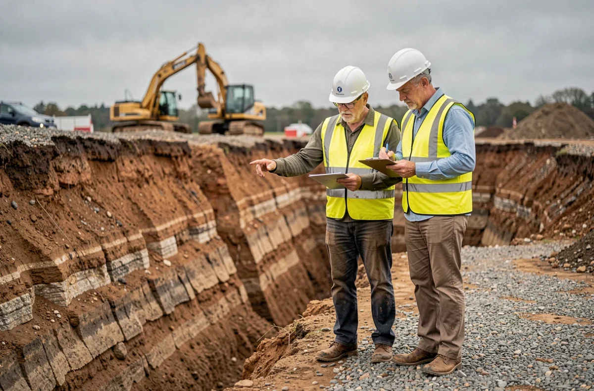 Deux professionnels du bâtiment consultant une classification de sol au bord d'une tranchée d'excavation