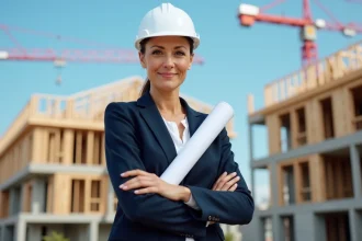 Architecte professionnelle tenant des plans devant un chantier de construction résidentielle moderne, illustrant les avantages d'un promoteur immobilier innovant face aux promoteurs classiques