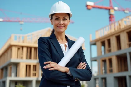 Architecte professionnelle tenant des plans devant un chantier de construction résidentielle moderne, illustrant les avantages d'un promoteur immobilier innovant face aux promoteurs classiques