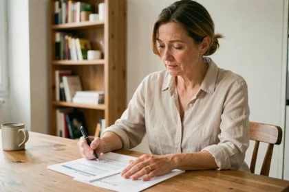 Propriétaire consultant son contrat d'assurance habitation à la maison