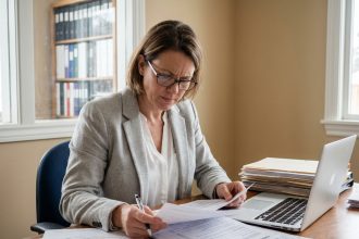 Propriétaire bailleurs consultant des documents fiscaux pour une location meublée à son bureau à domicile