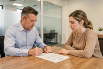 Propriétaire et locataire examinant un contrat de location pour une assurance loyers impayés