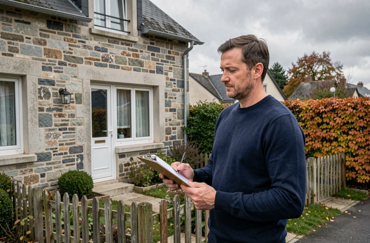 Propriétaire devant sa maison évaluant son assurance habitation