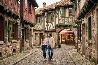Couple se promenant dans une ruelle pavée du quartier historique de Bayonne avec façades à colombages rouges et verts