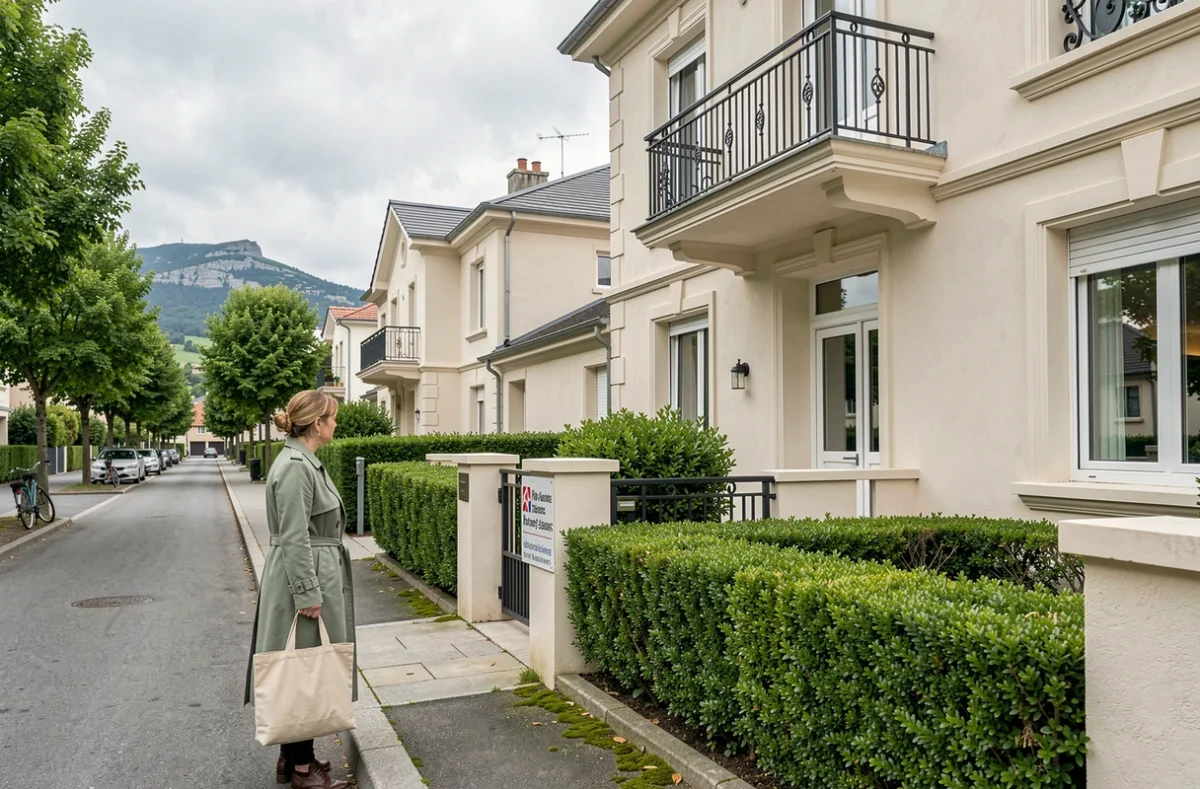 Femme examinant une annonce immobilière devant une villa résidentielle dans un quartier calme de Bayonne