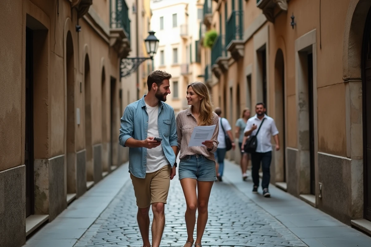 Couple cherchant un appartement en location à Barcelone dans les rues du Quartier Gothique