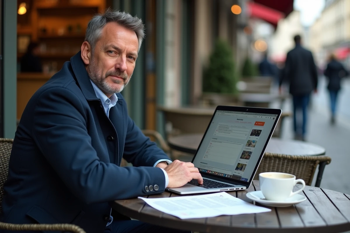 Homme recherchant des informations sur un quartier de Créteil depuis la terrasse d'un café avant de signer un bail