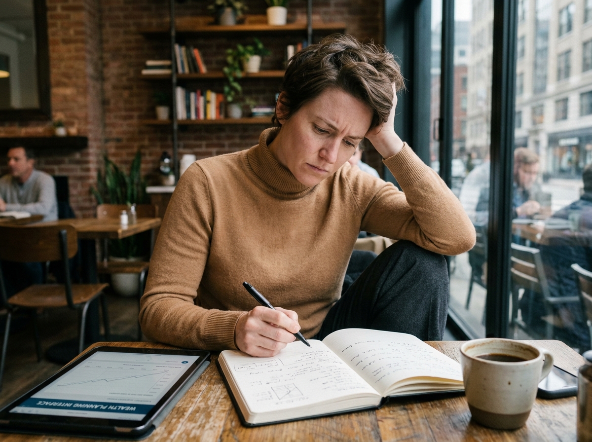 Professionnel en reconversion étudiant la gestion de patrimoine dans un café avec tablette et carnet de notes