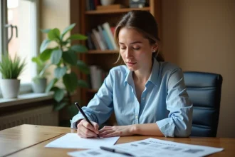 Jeune femme rédigeant une lettre de motivation pour un appartement à son bureau à domicile