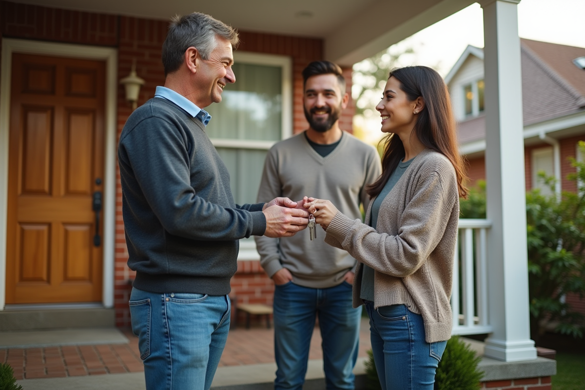 Homme donnant les clés à un couple devant une maison