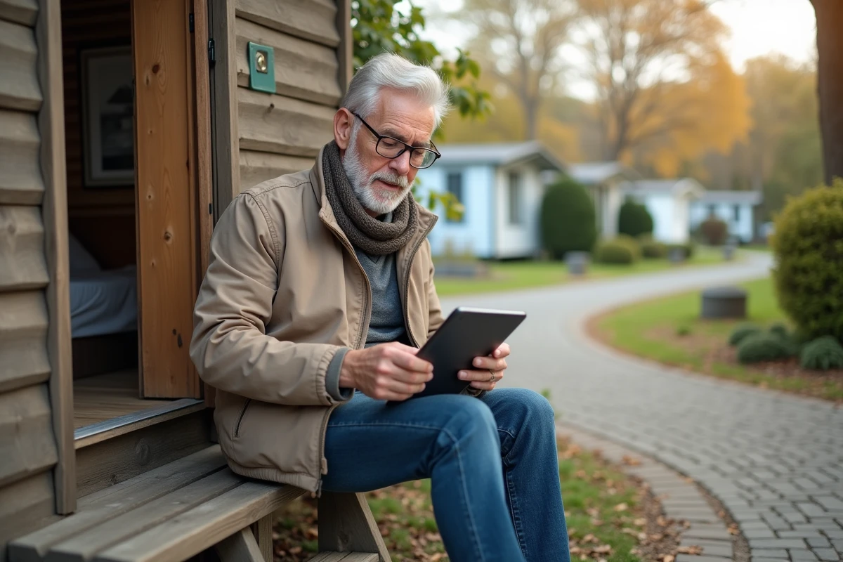 Retraite regardant des annonces sur tablette devant mobile home