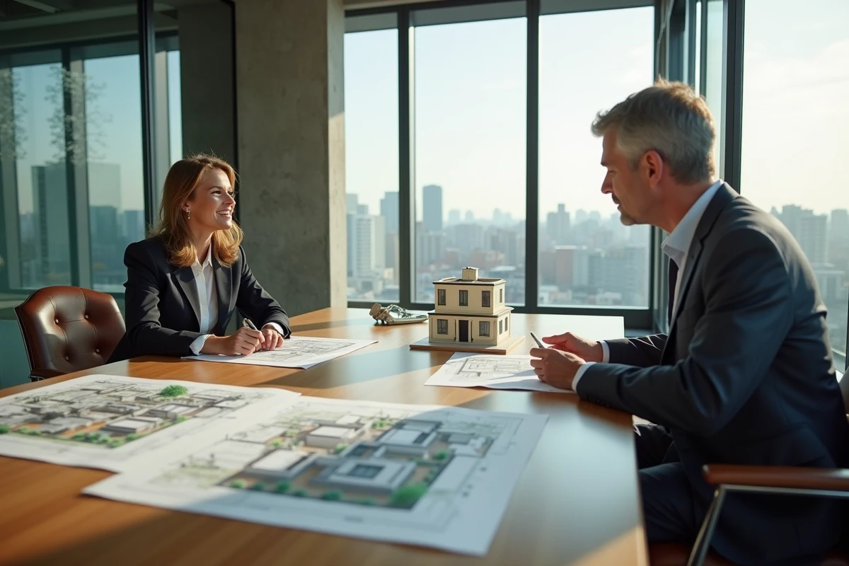 Deux professionnels de l'immobilier comparant des maquettes architecturales et des plans de logements lors d'une réunion en agence, symbolisant la comparaison entre promoteurs immobiliers classiques et innovants