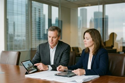 Professionnels discutant de documents immobiliers en r&eacute;union