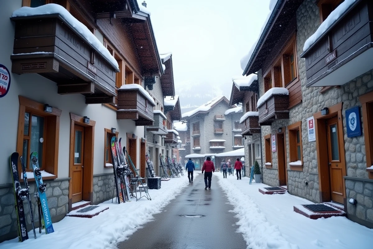 Rue enneigée aux Menuires avec des immeubles d'appartements et des skieurs en station de ski