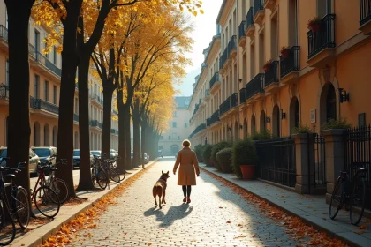 Rue résidentielle de l'Île Verte à Grenoble avec immeubles haussmanniens, balcons en fer forgé et trottoir arboré en automne