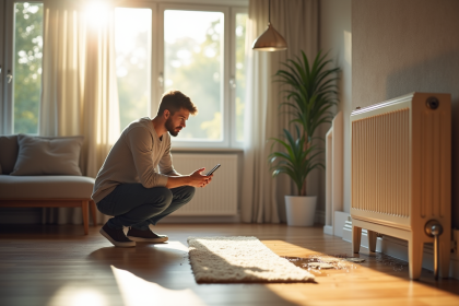 Salon moderne avec fuite radiateur et propriétaire inquiet