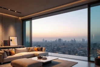 Salon de penthouse haut de gamme avec vue panoramique sur skyline urbain et mobilier de luxe