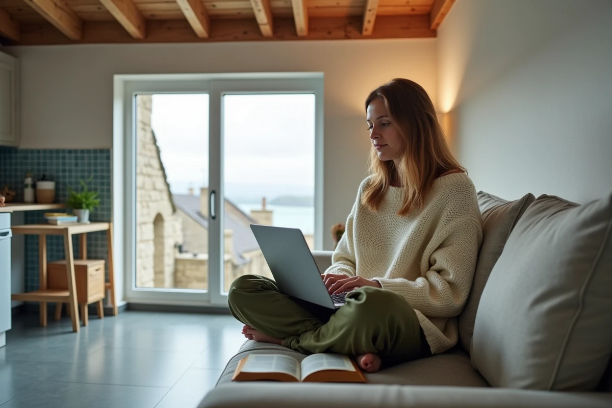 Voyageuse solo installée dans un studio de location à Concarneau avec vue sur les toits bretons