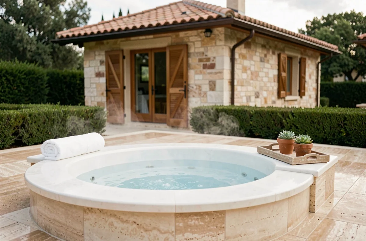 Spa extérieur avec jacuzzi encastré et dépendance en pierre d'une villa de prestige, vue trois quarts