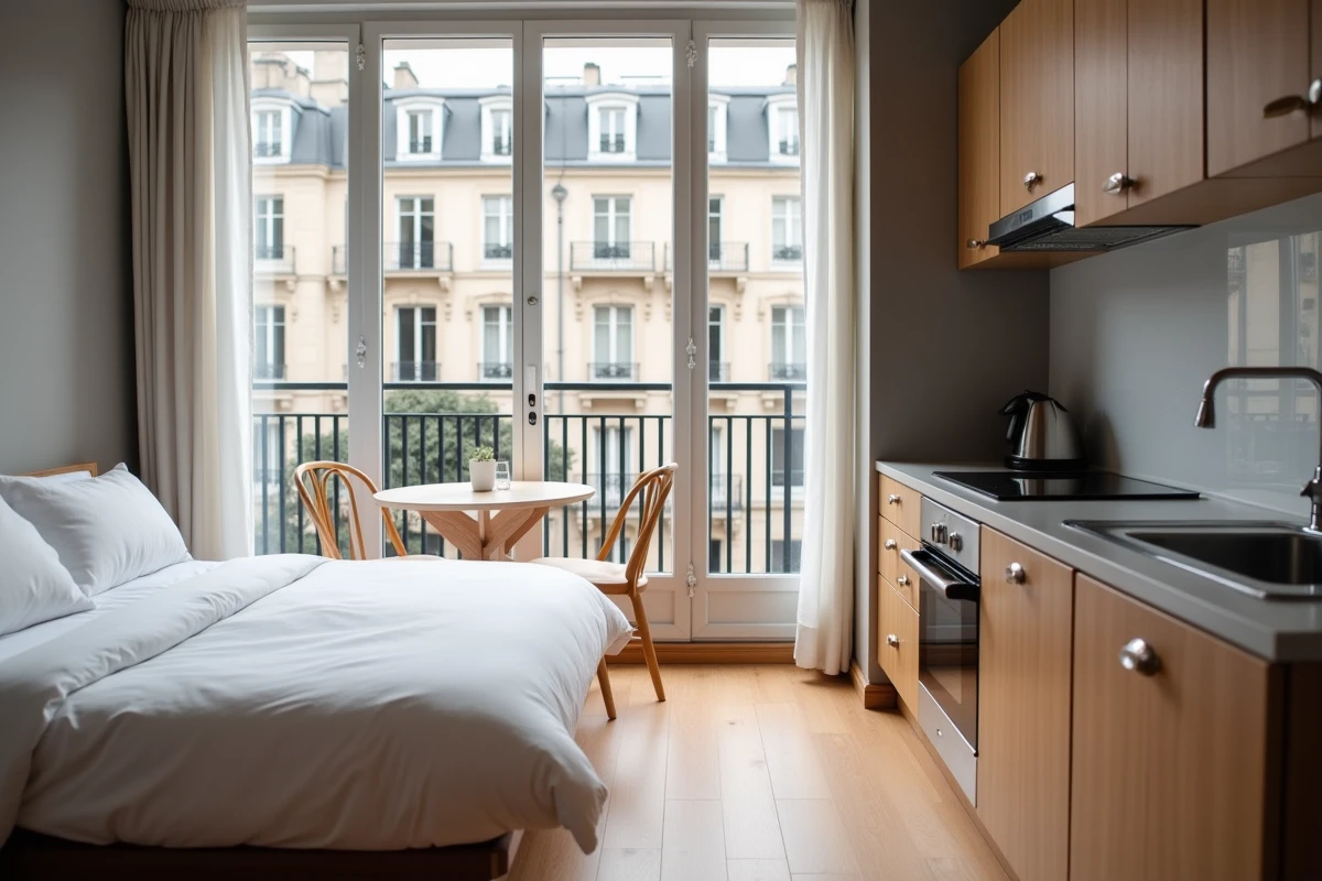 Studio meublé moderne prêt pour la location courte durée avec vue sur rue parisienne, représentant un bien d'investissement locatif optimisé