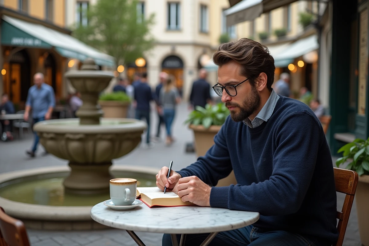 Terrasse de café de quartier à l'Île Verte Grenoble avec un homme lisant un livre dans une ambiance de village urbain animé