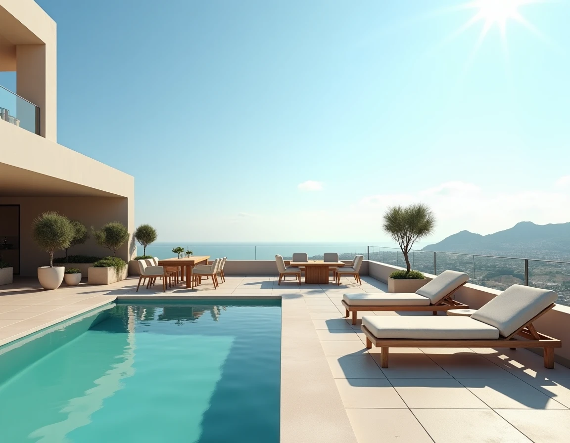 Terrasse privée de penthouse de luxe avec piscine à débordement et vue sur ville côtière