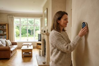 Femme ajustant un thermostat connecté dans une grande maison de 200 m² pour réduire la facture de chauffage