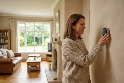 Femme ajustant un thermostat connecté dans une grande maison de 200 m² pour réduire la facture de chauffage