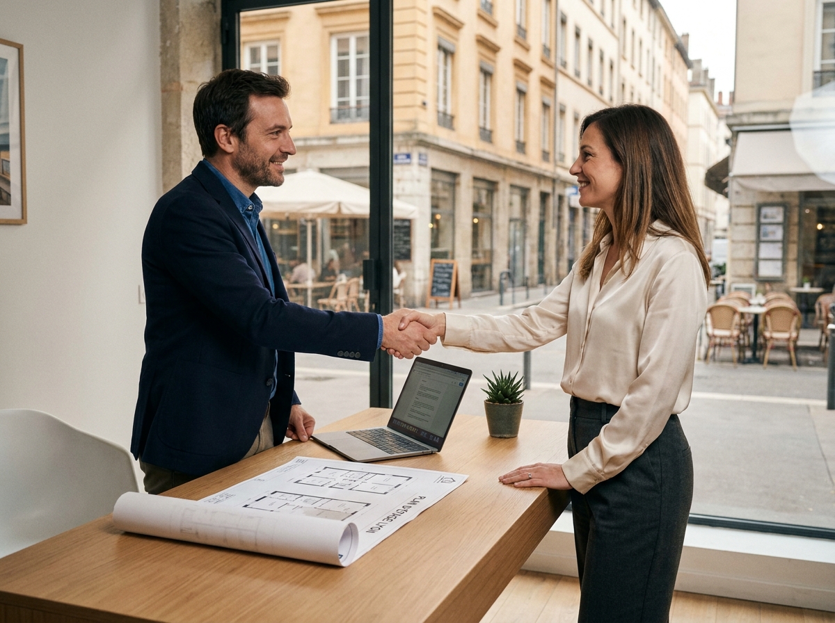 Signature et poignée de main lors d'une transaction immobilière dans une agence du 3e arrondissement de Lyon