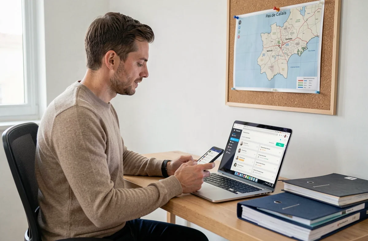 Gestionnaire locatif de Transimmoweb travaillant sur un tableau de bord numérique de gestion locative en ligne depuis son bureau, avec une carte du Pas-de-Calais en arrière-plan
