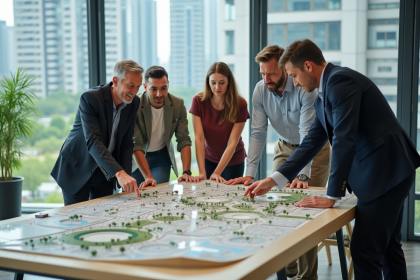 Groupe d urbanistes discutant autour d un modele de ville