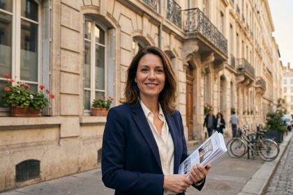 Femme agent immobilier tenant des documents devant un immeuble haussmannien dans le 3e arrondissement de Lyon