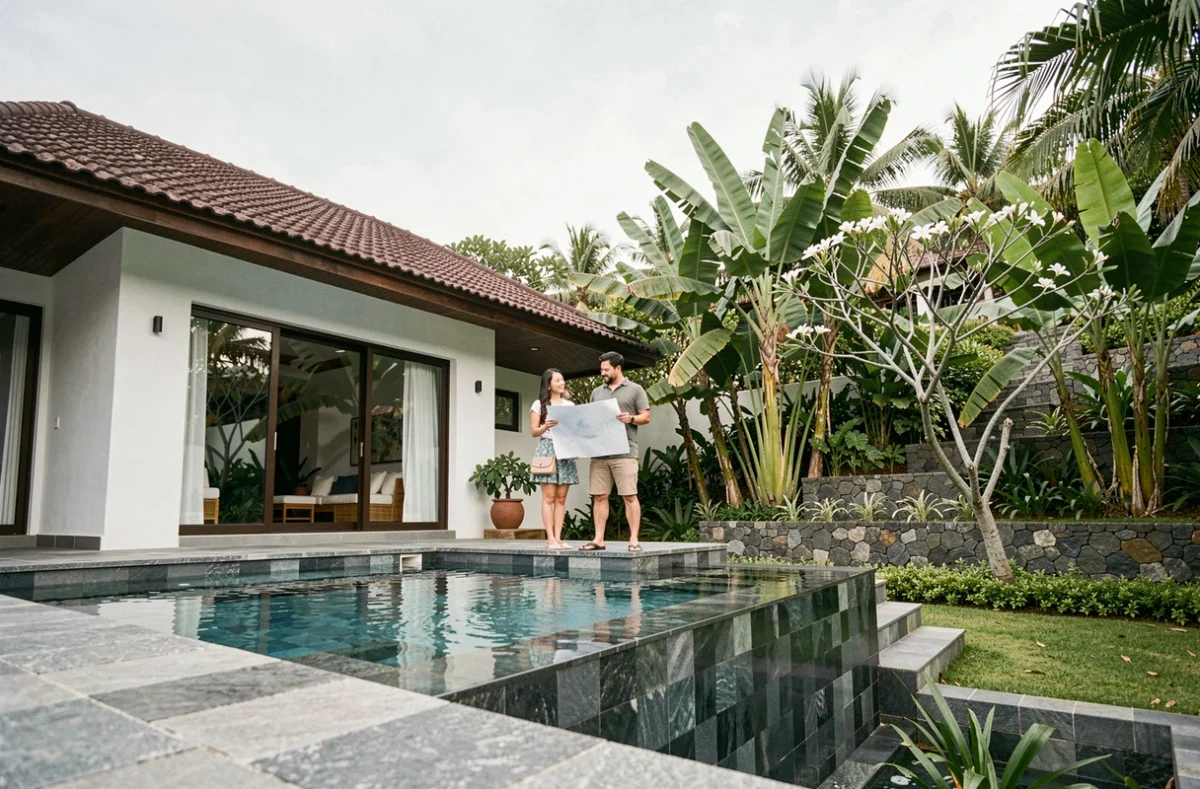 Villa contemporaine avec piscine à débordement en Thaïlande, couple mixte consultant un plan de propriété sur la terrasse