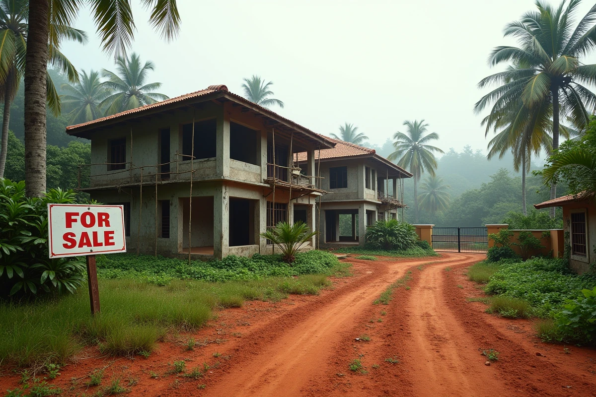 Villa de luxe inachevée à l'île Maurice avec des échafaudages et un panneau à vendre dans un terrain envahi par la végétation