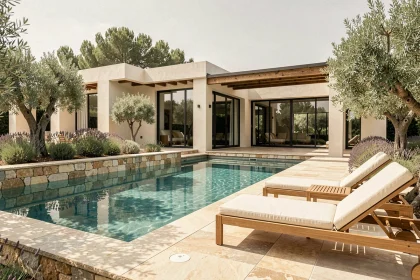 Villa haut de gamme avec piscine à débordement et terrasse en pierre naturelle, vue extérieure grand angle