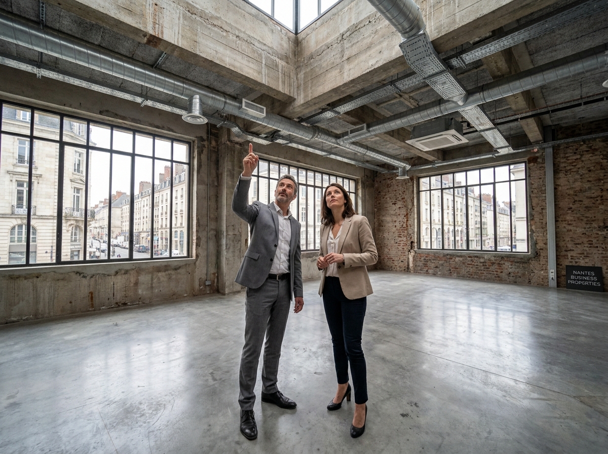 Deux professionnels visitant un espace de bureau vide à Nantes pour évaluer les lieux avant la signature du bail